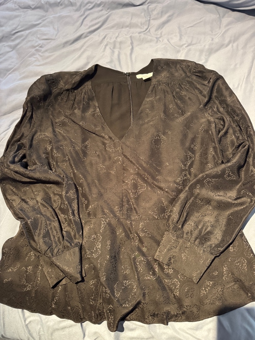 Satin Black Long Sleeve V-Neck peplum Blouse zip back